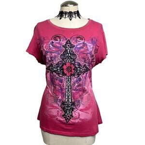 Vtg Y2K Bedazzled Rhinestone Cross Filigree Grunge Emo Gothic Pink Baby Tee